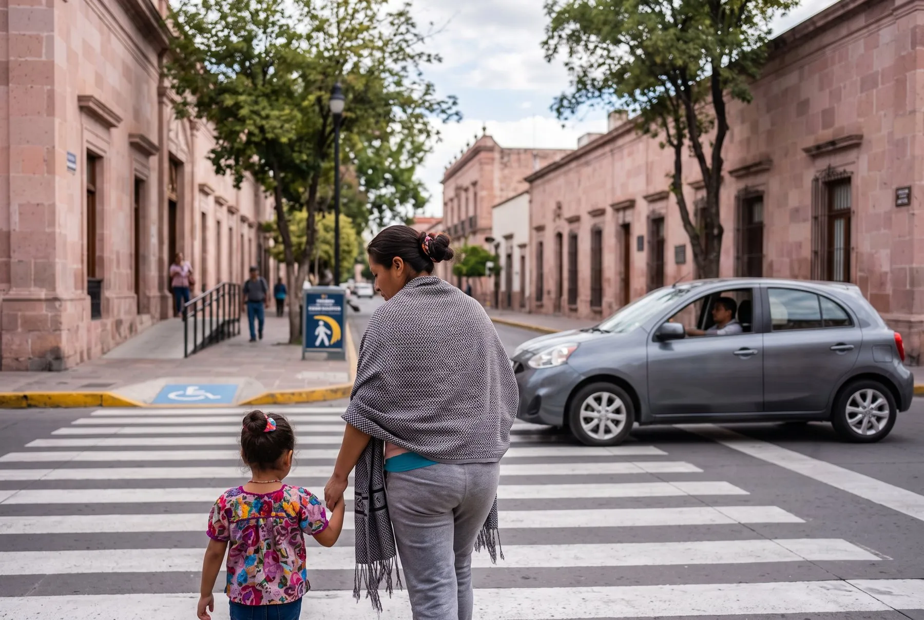 Persona cruzando la calle acompañada de niñas y niños