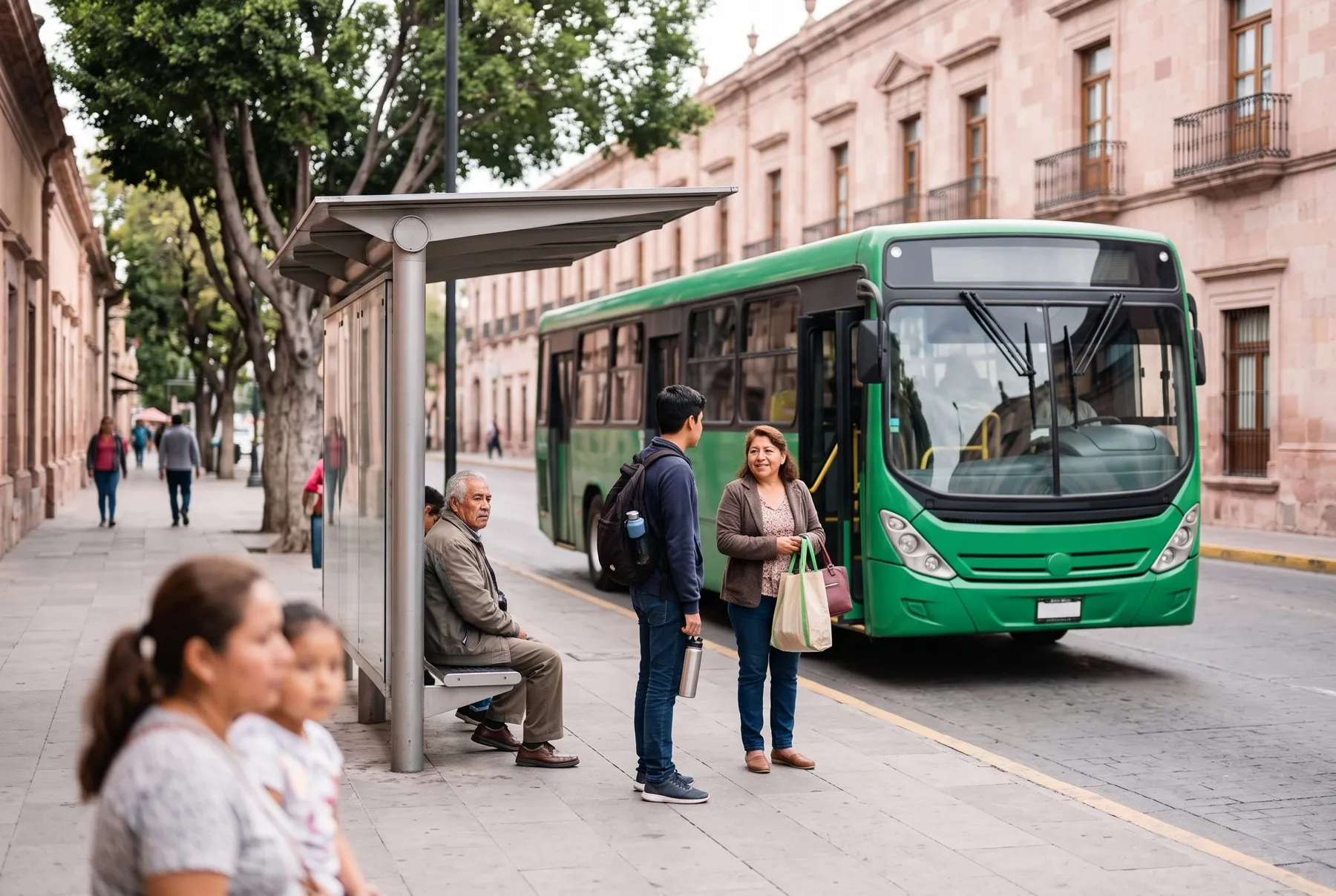 Parada de transporte público con personas esperando