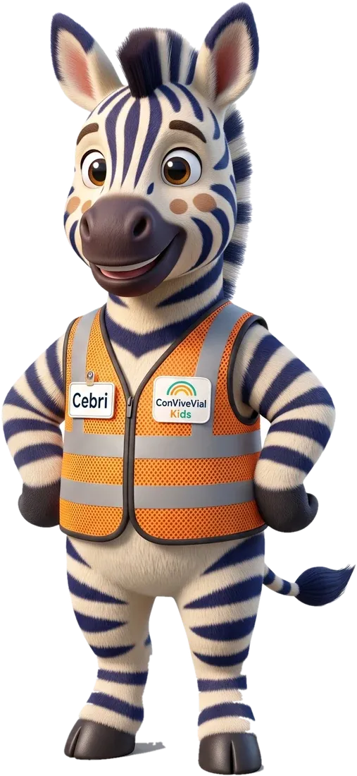 Cebri, una cebra con chaleco naranja reflejante, de pie con las manos en la cintura